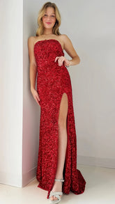 Strapless Red Sequin Long Evening Prom Dress, AST1586
